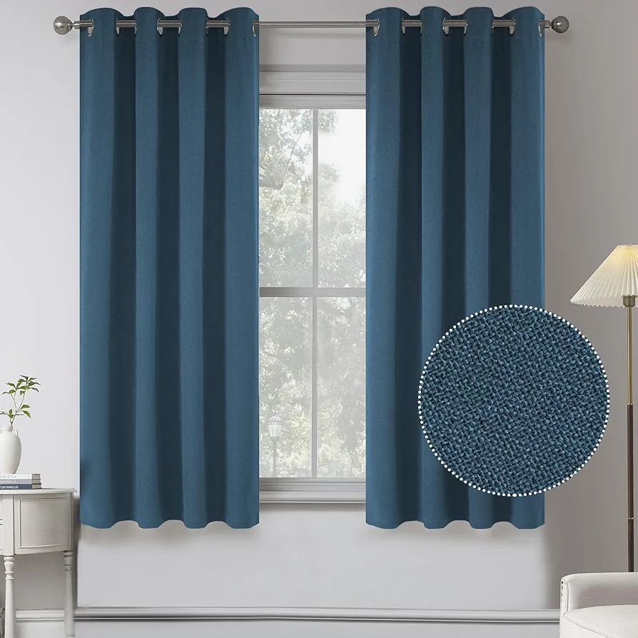 Linen Texture 100% Blackout Curtains for Kids Room,Thermal Insulated Entryway Cottage Decor Curtains - Kitchen Bathroom Waterproof Grommet Top Short Curtains(2 Pcs,W 52 x L 54 Inch Long,Denim Blue)