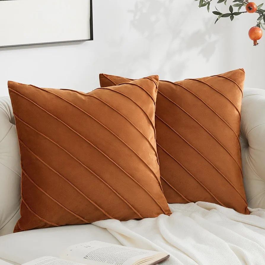 GIGIZAZA Decorative Velvet Pillow Covers 20x20, Set of 2 Burnt Orange Sofa Couch Throw Pillows Covers Cases, Living Room Square Cushion Accent Stripe Covers