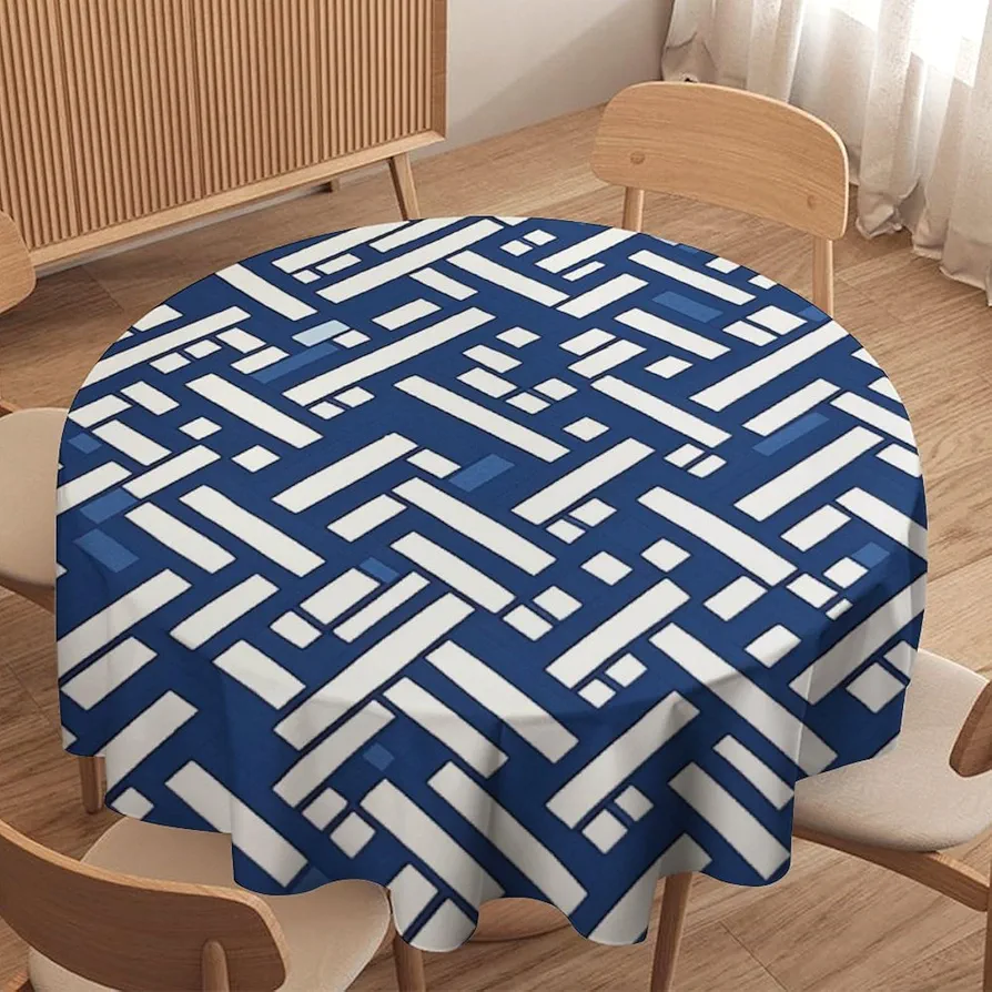 Chinoiserie Lacefield Trellis Print Geometric Round Tablecloth Blue and White Asian Table Cloth 70x70in Table Cover Outdoor Polyester Table Decor for Dining Room Party Picnic