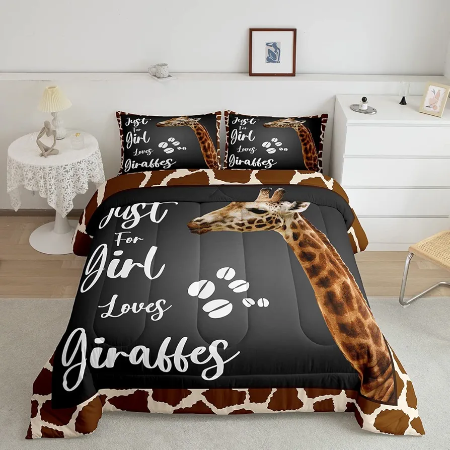 Erosebridal Giraffe Comforter for Kids Boys Girls Child,Retro Brown Giraffe Print Bedding Set King Size,Lovely Safari Animal Quilt Set Lightweight for Giraffe Lovers Birthday Gift Home Room Decor