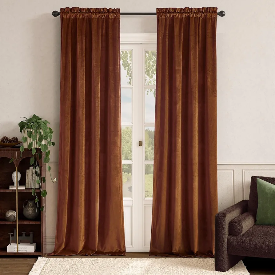 Lazzzy Caramel Velvet Curtains Brown Thermal Insulated 96 Inch Curtain Room Darkening Window Drapes Super Soft Luxury Curtains for Living Room Bedroom Rod Pocket, 2 Panels