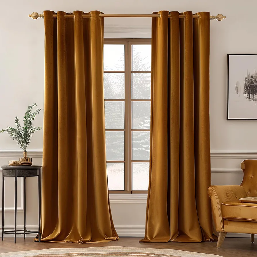 MIULEE Velvet Curtains Golden Brown Elegant Grommet Curtains Thermal Insulated Soundproof Room Darkening Long Black Out Drapes for Classical Living Room Bedroom Decor 52 x 96 Inch Length Set of 2