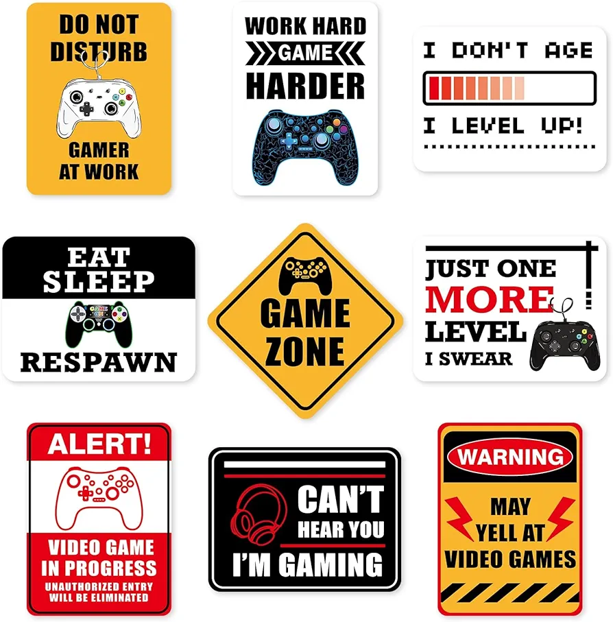 WERNNSAI Video Game Party Decorations - 9 PCS Game Zone Warning Signs for Boys Kids Gamer Themed Birthday Party Supplies Family Gaming Night Door Windows Yard Funny Wall Decor