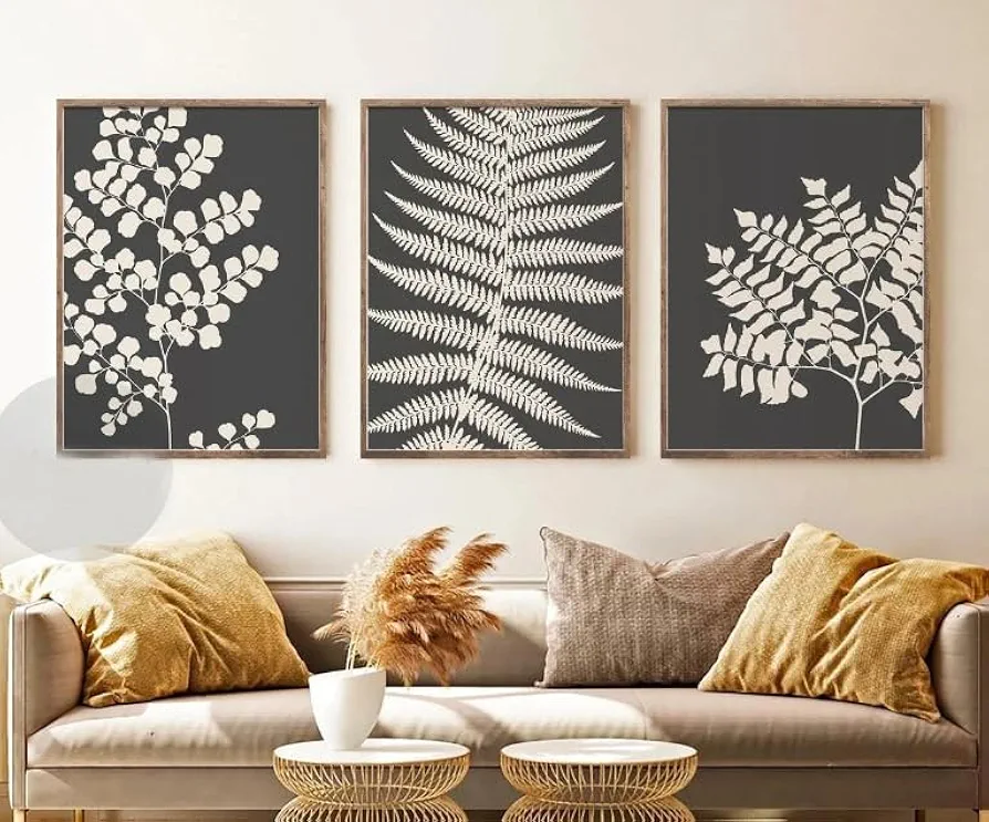 3 Panels Abstract Fern Botanical Canvas Wall Art Gray Cream Botanical Poster Print Artwork Painting Picture for Home Living Room Decoration Bedroom with Inner Frame