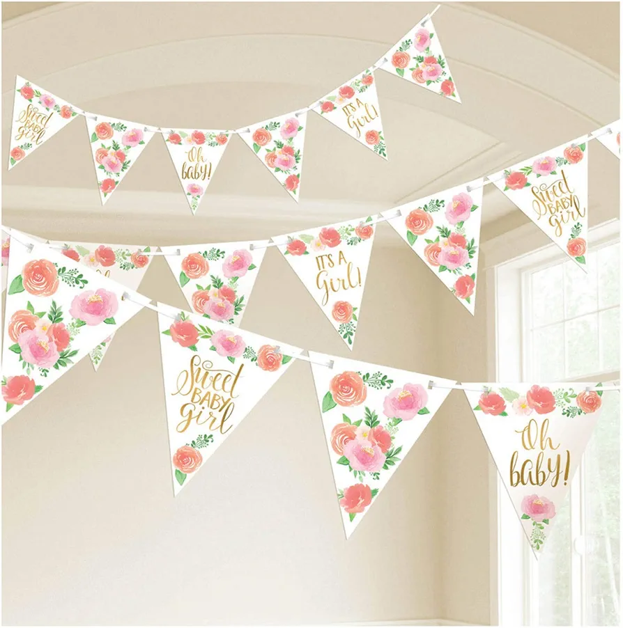 Multicolor Floral Baby Paper Pennant Banner - 15' (Pack of 1) - Elegant & Unique Decor for Baby Shower Or Nursery Room