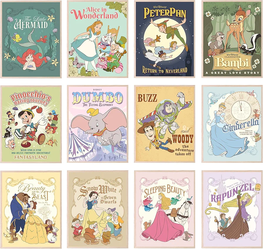 BigWig Prints Disney Wall Art - Disney Posters, Disney Nursery Decor, Disney Princess Room Decor, Disney Wall Decor, Nursery Wall Art, Disney Room Decor, Disney Gifts - Unframed Set Of 12 (8x10)