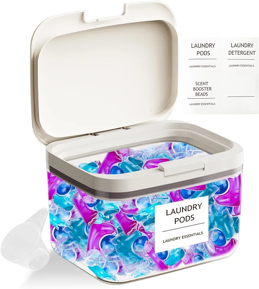 94oz /2.8L Laundry Pods Container for Laundry Room Organization Laundry Powder Container, Laundry Pod Holder with Labels for Laundry Storage,Laundry Powder,Dry Sheet Organizing