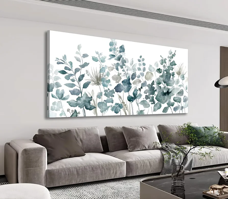 LUEAXRG Abstract Floral Wall Art - Flower Canvas Pictures Living Room Wall Decor, Indigo Grey Green Grass Painting Modern Landscape Prints Botanical Artwork for Bedroom Kitchen Office Decor 20"x40"