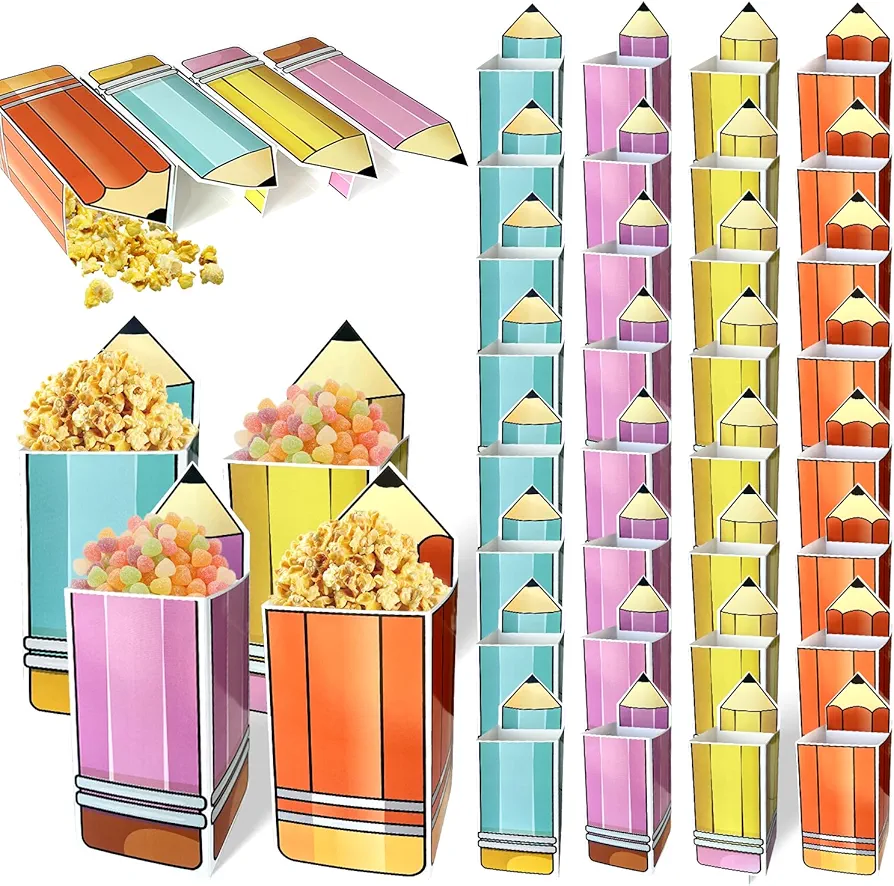 LAIAMER 40 Pcs Pencil Gift Boxes Welcome Back to School Pencil Candy Treat Boxes Pencil Popcorn Boxes Thanks Teacher Popcorn Holders First Day of School Paper Gift Party Favors Classroom Decorations