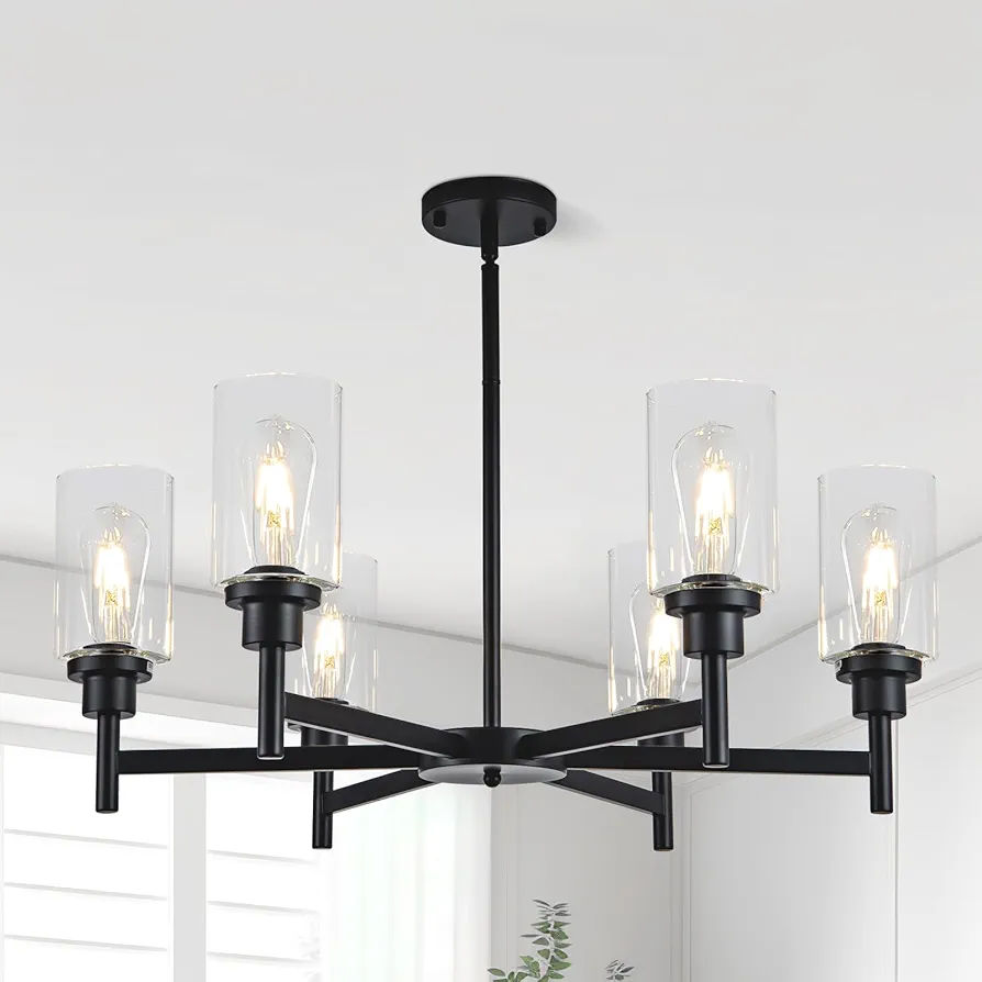 6 Light Farmhouse Chandelier Black Dining Room Light Fixture Over Table Industrial Hanging Pendant Lighting for Living Room Foyer Kitchen Island Adjustable Height E26 Socket with Glass Shade