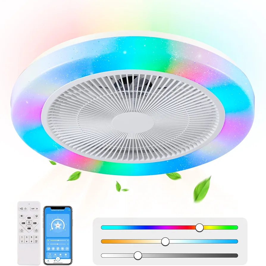 Low Profile Ceiling Fan with Light, Flush Mount Ceiling Fan Light with Remote, RGB Dimmable LED Enclosed Ceiling Fans, LED-RGB Back Ambient Light for Bedroom Kids Room Party,Living Room(White,19.7in)