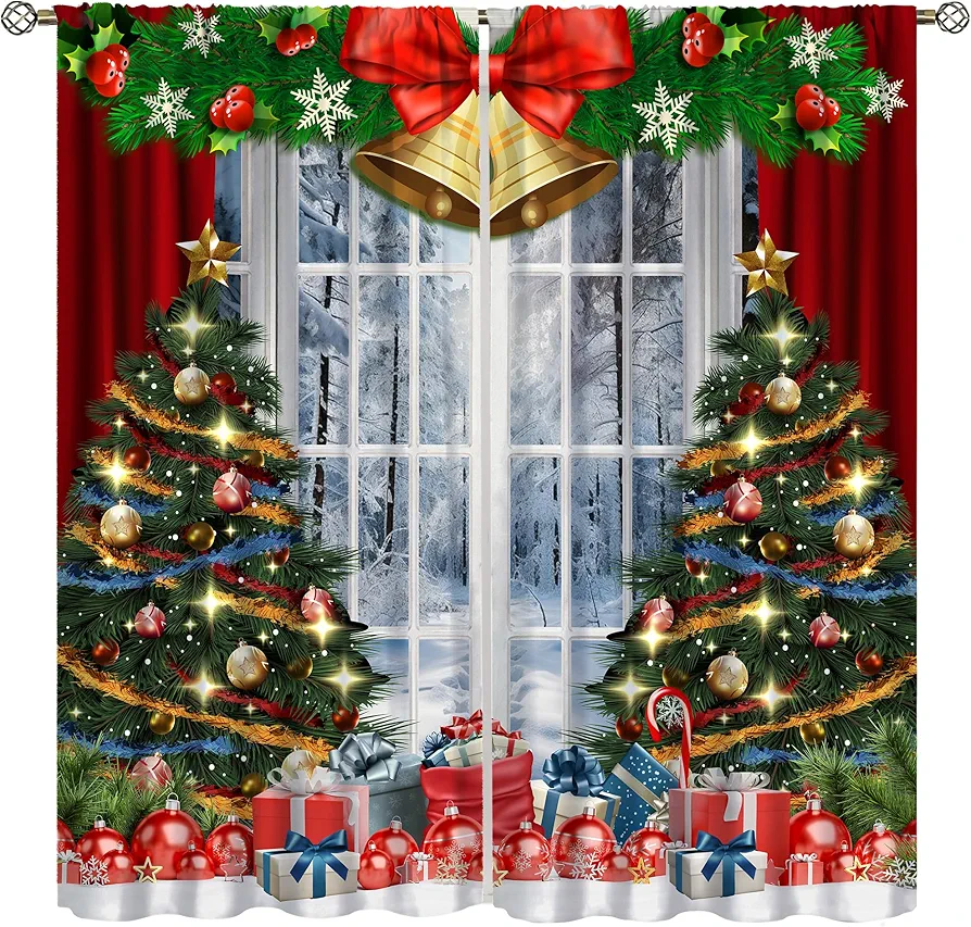 Christmas Curtains,Christmas Tree Colorfuls Christmas Balls Winter Snow Landscape Print Window Treatment for Holiday Living Room 21x45in,2 Panel Set