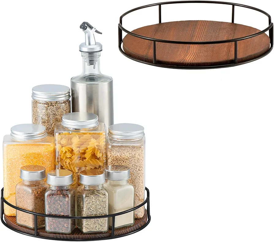 2 Pack of 9 Lazy Susan Organizer - Non-Skid Wood Turntable Organizer for Cabinet, Pantry, Kitchen Countertop, Refrigerator, Spice Rack, Carbonized Black