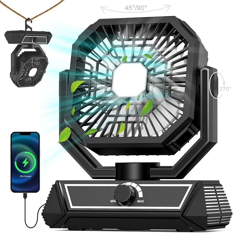 Portable Fan Rechargeable, 20000mAh Battery Powered Fan with LED Lantern, Table Fan, Camping Essentials, USB C Battery Operated Camping Fan for Travel, Picnic, Barbecue, Fishing, Office, Home