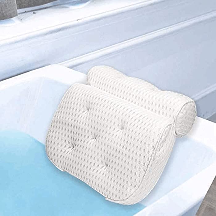 Bath Pillow,4D Air Mesh Bathtub Spa Pillow, Bathroom Pillow with 7 Powerful Suction Cups,Bath Tub Accessories for Luxurious,Suitable for Head,Neck,Shoulder and Back Support,Soft and Comfortable,White