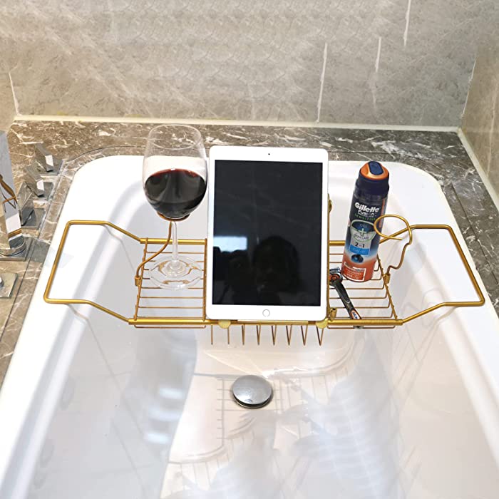 BDL Stainless Steel Bathtub Caddy Tray，Over Bath Tub Table Shelf with Extending Sides，Easy Installation and Disassembly Tub Rack for Bathtub （Bronze）