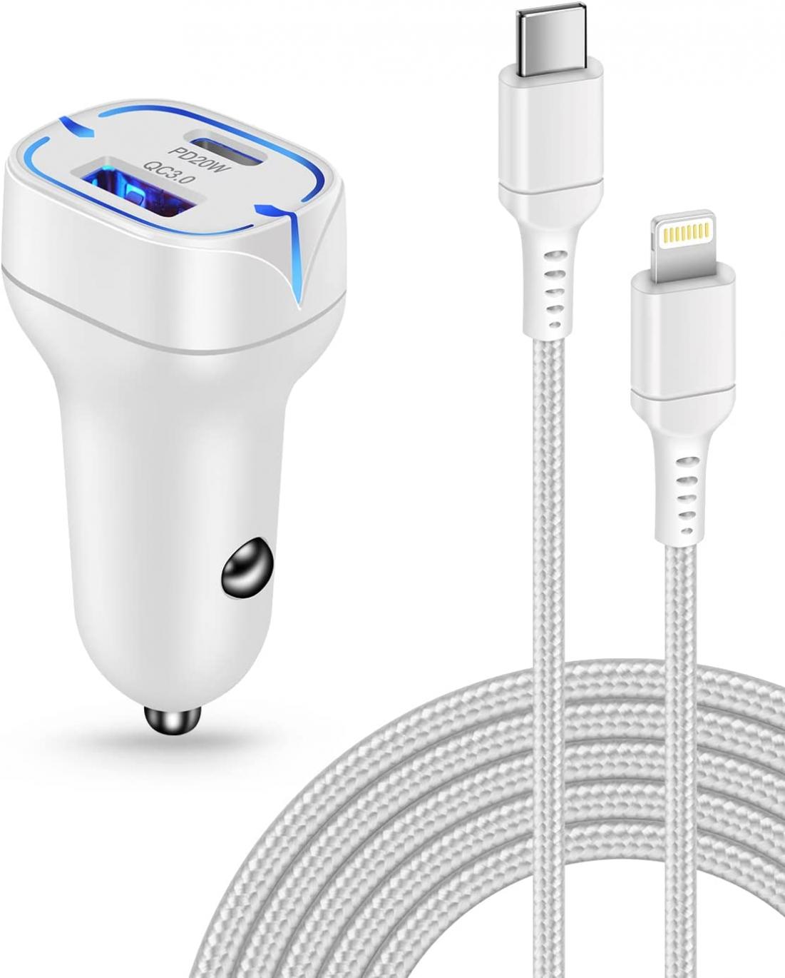 USB C Lightning Cord with 38W iPhone Car Charger for Apple 14 Pro Max 14Pro 13 12 11 10 SE X XR XS 8 7 6 6s Plus, iPad Pro, iPad Air, Airpods, Lighter Adapter Block - USB-C Braided Lightning Cable