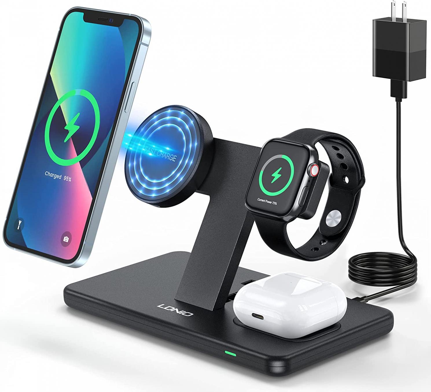 Magnetic Wireless Charging Station for Apple Products, 3 in 1 Mag-Safe Charger Stand for iPhone 13/13 Pro/13 Pro Max/13 Mini/12/12 Pro/12 Pro Max/12 Mini, Apple Watch, AirPods (Watch Cable NOT in)