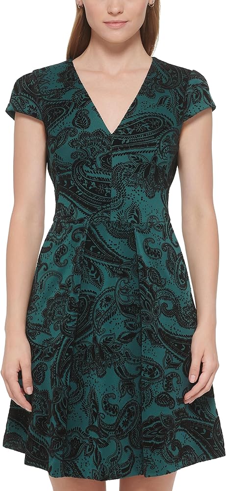 Vince Camuto Womens Paisley Flocked Cap Sleeve Dress