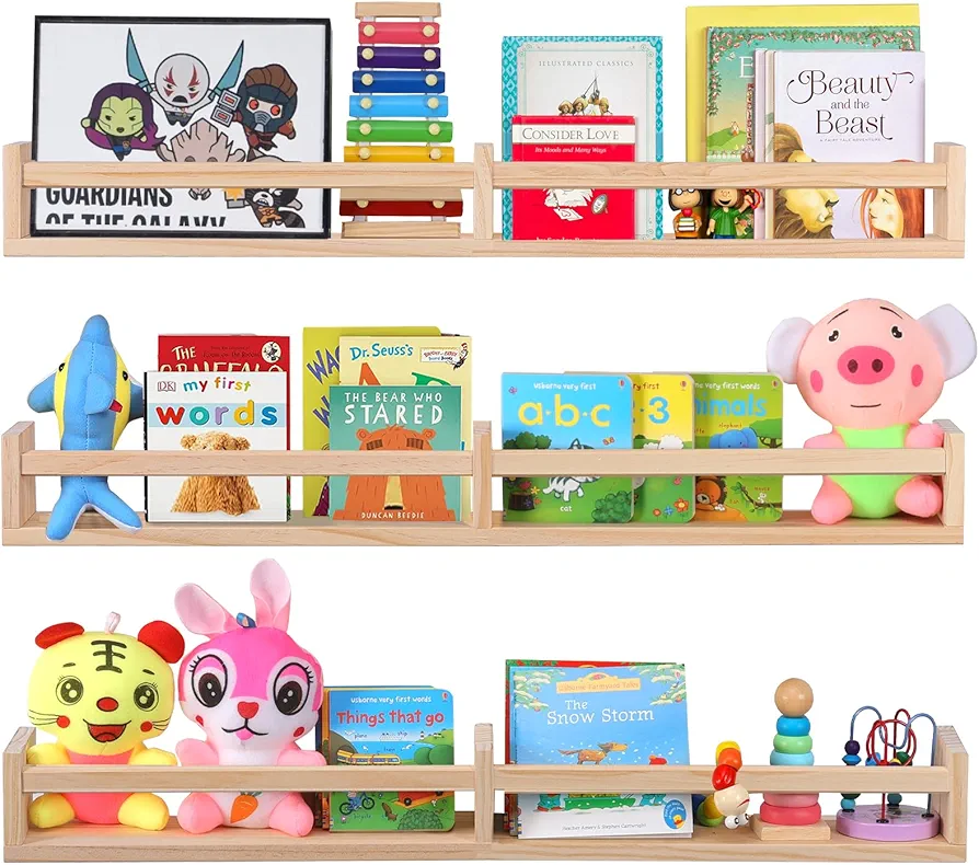 Nursery Book Shelves for Wall Set of 3，Natural Wood Wall Bookshelves for Kids Room - Book Shelf for Wall(32 inches set of 3)