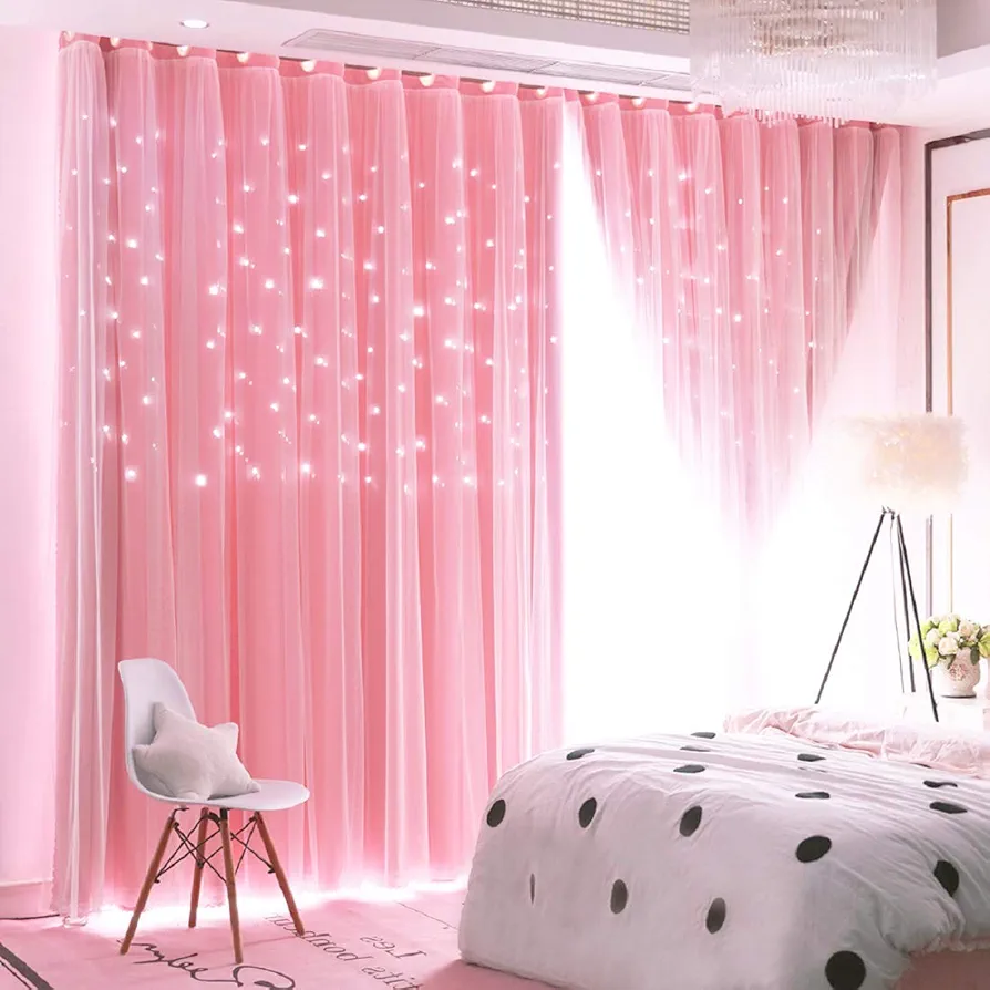 UNISTAR 2 Panels Stars Blackout and Sheer Curtains for Bedroom Girls Kids Baby Room, Double Layer Star Cut Out Living Room Window Curtain, W34 x L63 Inch Length, Pink