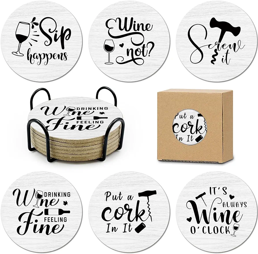 Funny Sayings Cork Coasters for Drinks Absorbents with Holder 6 Pcs Gift Set,Wine Lovers gifts,Unique Present for Housewarming,Living Room Decor,Kitchen Decor accessories.