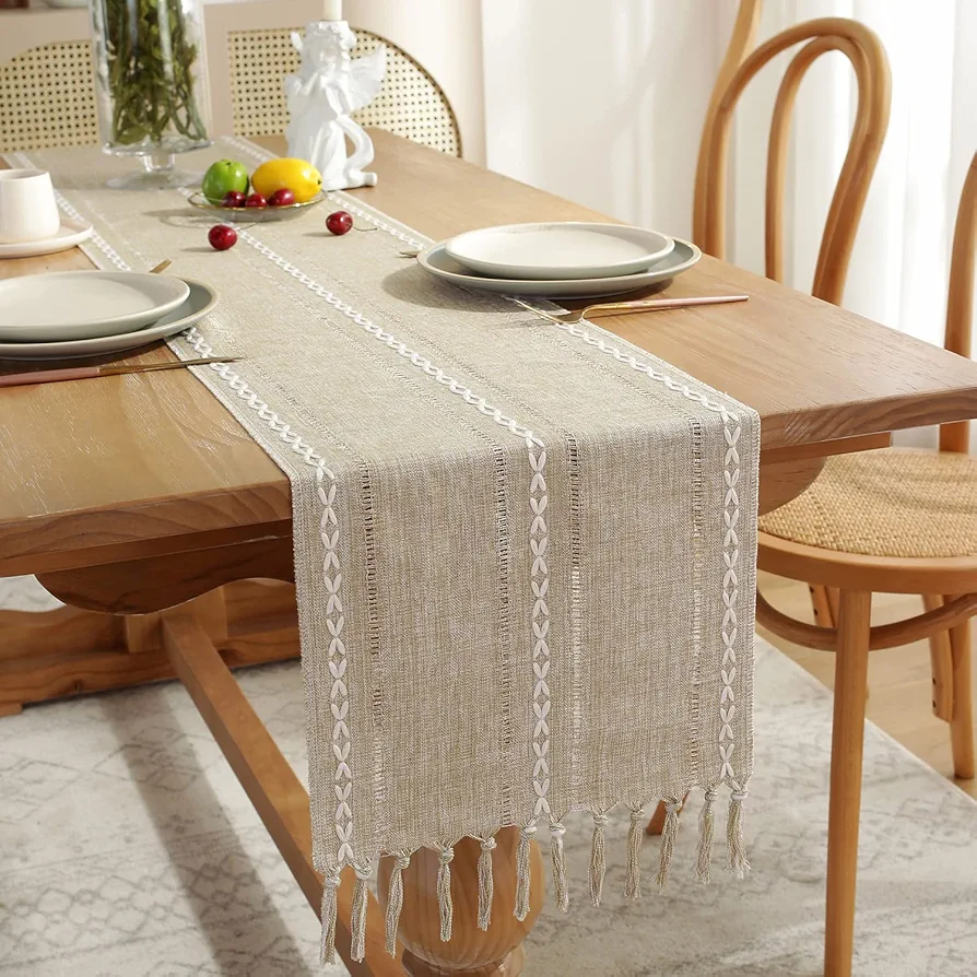 Farmhouse Table Runner Rustic Style 13“ x 120”, Braided Striped Linen Beige Table Runner 120 Inches Long with Tassels for Dining Room Kitchen Cream Dresser Décor,Khaki