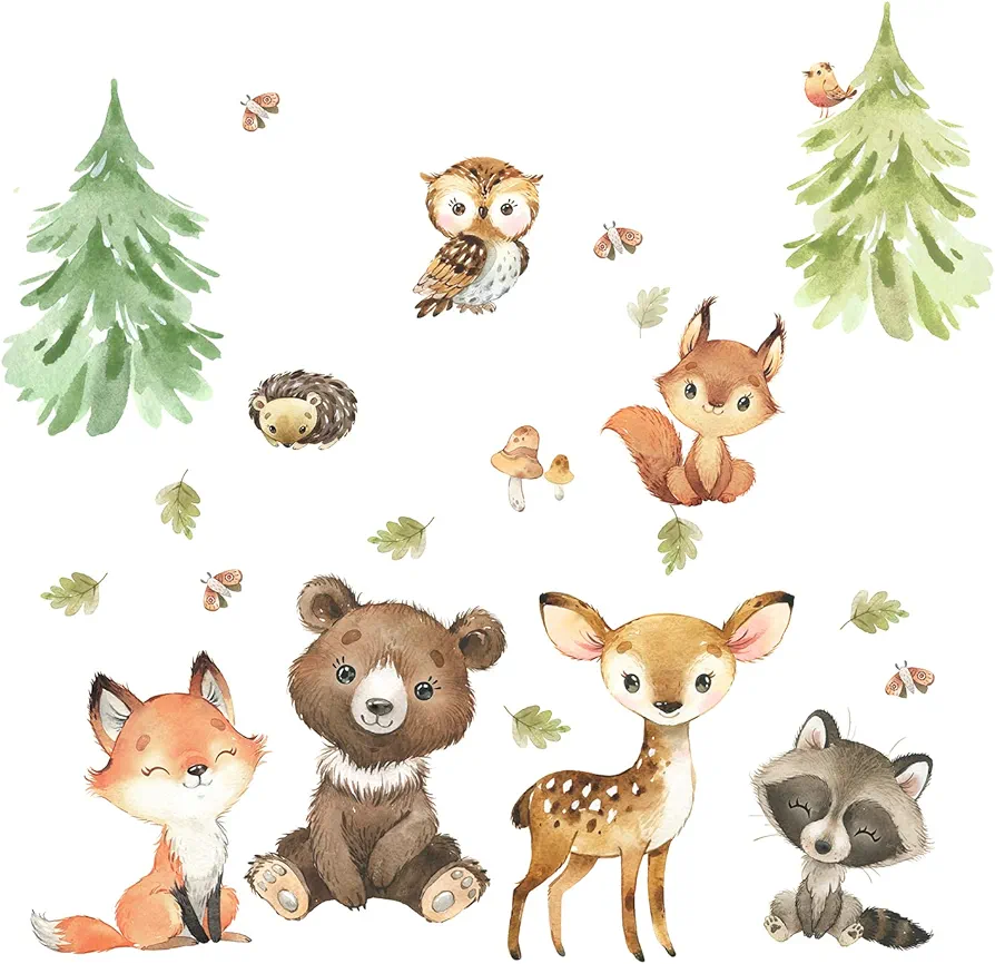 Woodland Nursery Wall Decals for Boys Girls Baby Nursery Kids Neutral Bedroom Decor,Woodland Animals Wall Decals Stickers Decor for Nursery Playroom Classroom,Forest Animal Wall Decals Peel and Stick