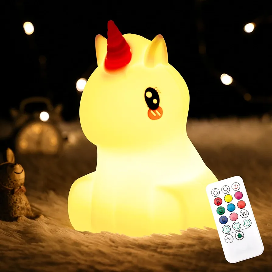 CHWARES Unicorn Night Light for Girls Room, Squishy Unicorn Lamp Rechargeable, 7 Color Changing Unicorn Nightlight with Remote, Cute Animal Lamp Baby Bedroom Decor Unicorn