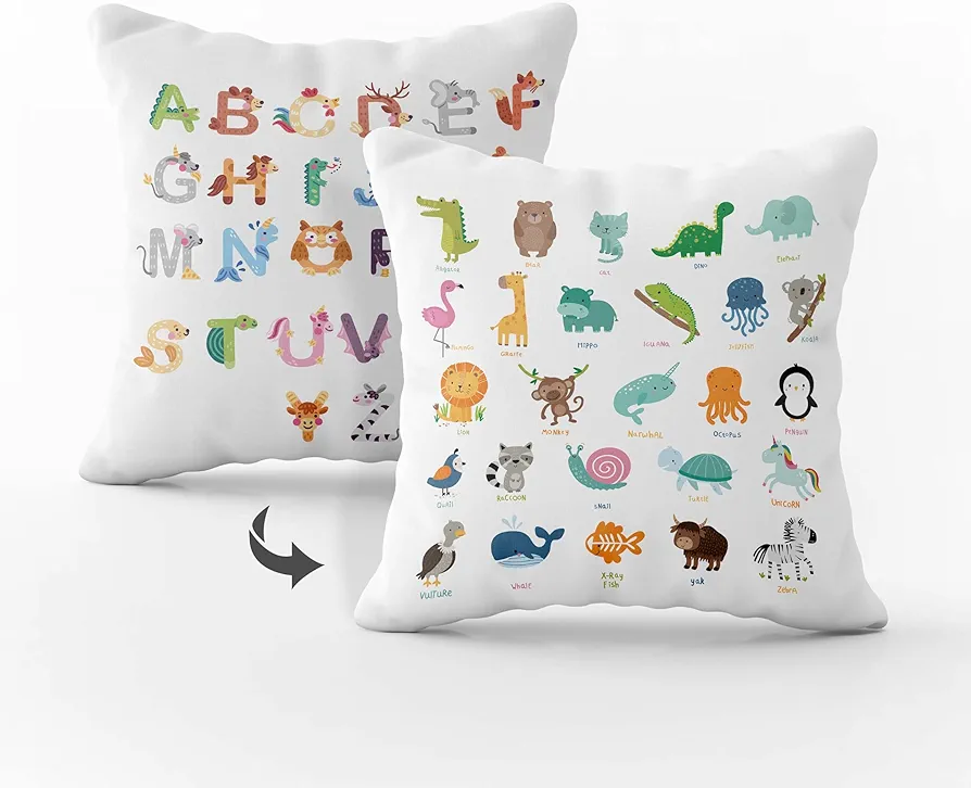 Classroom Pillows Covers, Cute Animals Alphabets Reversible Pillow, ABC Letters Educational Throw Pillow Case for Playroom Reading Room Nursery Bedroom Decor, Kids Reading Lovers Gifts -01