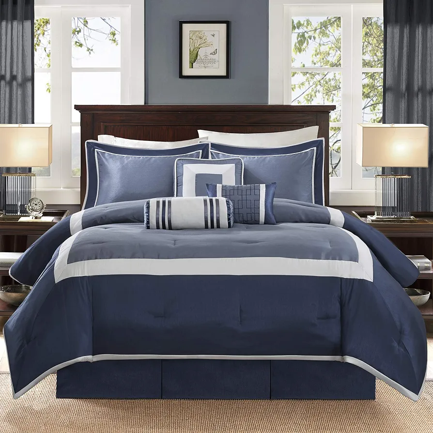 Madison Park Cozy Comforter Set-Deluxe Hotel Collection, All Season Down Alternative Luxury Bedding with Matching Shams, Decorative Pillows, Cal King(104"x92"), Genevieve, Navy 7 Piece