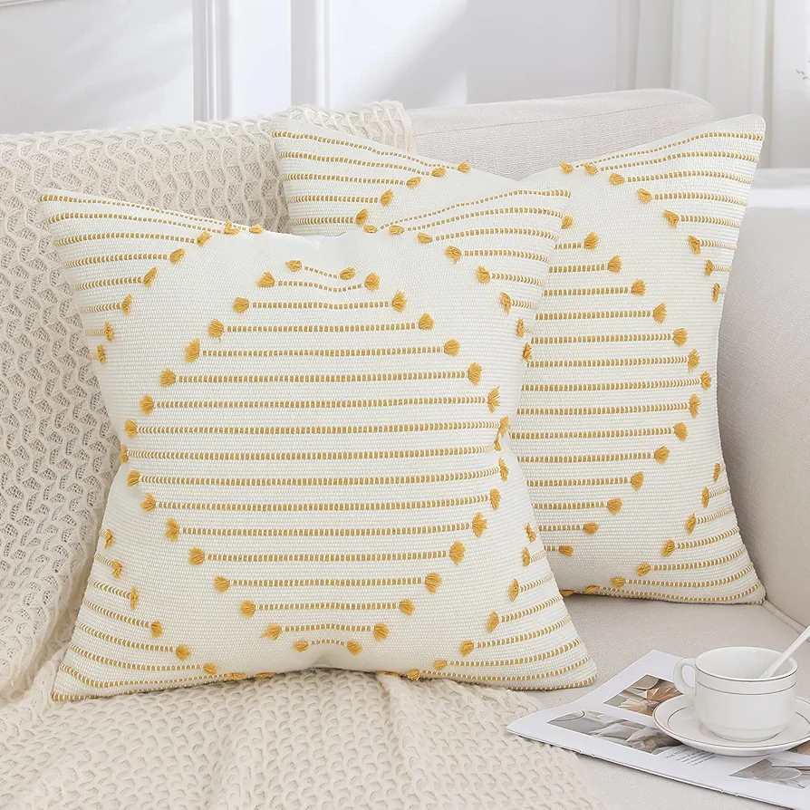 Mecatny Boho Throw Pillow Covers Yellow and White Pillow Covers 20X20 Set of 2 Farmhouse Decorative Pillow Covers for Couch Sofa Living Room