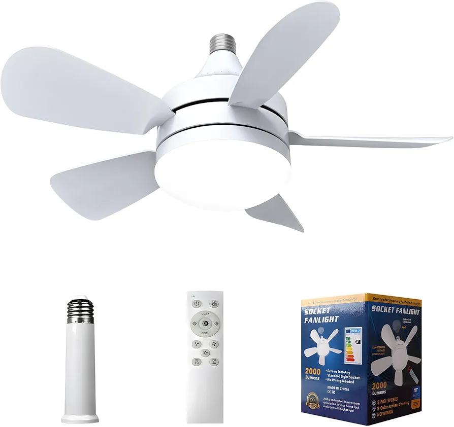 Socket Fan Light - Ceiling Fans with Lights and Remote Control, 3 Colors 3000K-6500K, 2000 Lumens,Powerful Airflow Quiet Fan Light Bulb Screw in Ceiling Fan for Bedroom, Living Room, Kitchen, Garage