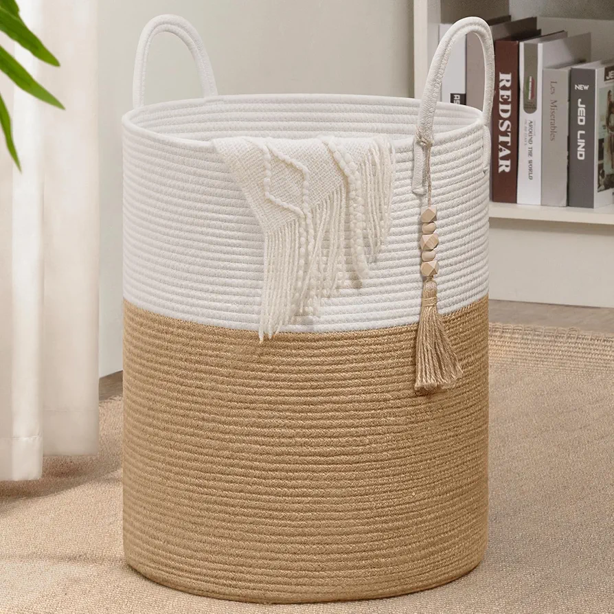 Goodpick Woven Laundry Basket Decorative Blanket Basket for Living Room, Tall Storage Basket for Clothes, Toys, Towels, Wicker Laundry Hamper 16 x 20 Inches, White and Jute