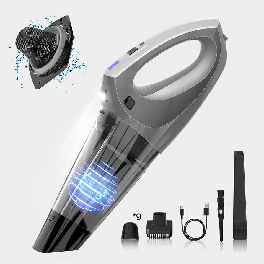 Handheld Vacuum Cordless, Mini Rechargeable Portable Car Vacuum Cleaner with USB-C Cable, LED Light, 9 Extra Filters, Lightweight Hand Vac Suitable for Home, Car, Gray, F-508