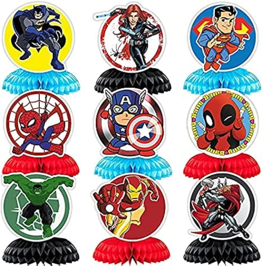 GeRRiT 9Pcs Superhero Honeycomb Centerpieces, SuperHero Themed Birthday Table Centerpiece Toppers Party Decorate Supplies