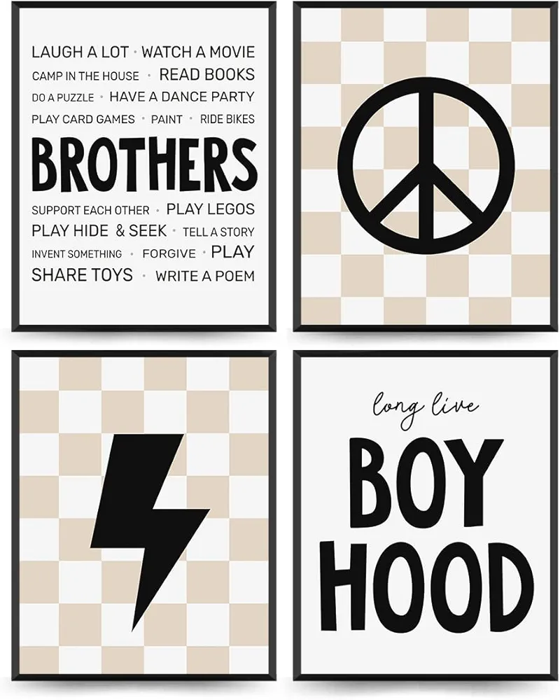 PLKMN Long Live Boyhood Wall Decor Prints,Peace Lightning Sign,Brothers Do Things,Checkered Cool Wall Decor for Boys Bedroom Playroom Toddler and Kids Room 8x10 Inch Set of 4 Unframed