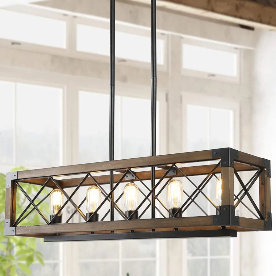 Farmhouse Chandelier for Dining Room, 5-Light Rectangular Chandelier, Wood Kitchen Island Lighting, 31.5'' L