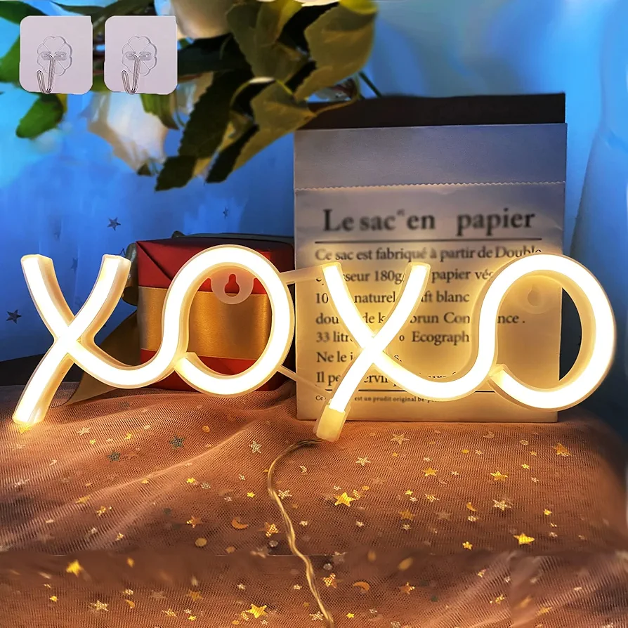 ENUOLI Neon Lights for Wall Decor XOXO Warm White LED Neon Sign 11.8x3.8 Inches USB/Battery Powered LED Night Light for Bedroom Home Decor Kids Room Gift