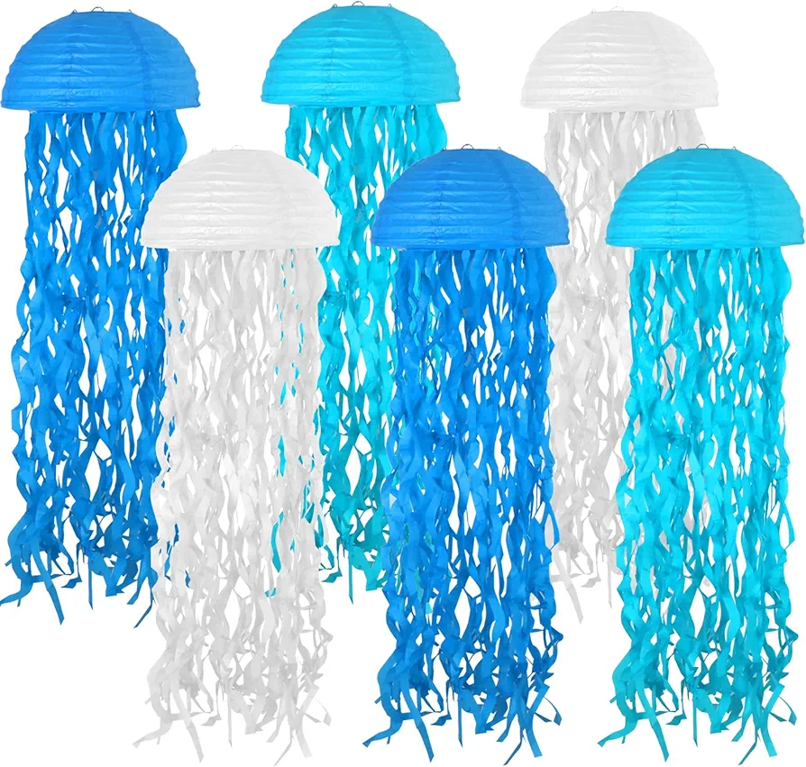 Jelly Fish Paper Lanterns Set, 6Pcs Blue Jellyfish Hanging Lantern for Mermaid Under The Sea Ocean Birthday Party Decorations Baby Shower Room Decor