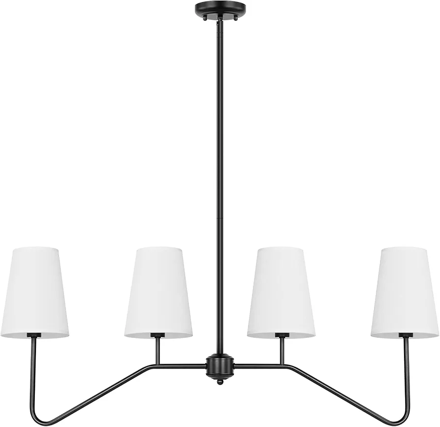 Brightever Linear Chandelier—Kitchen Island Lighting, 4-Light Black Chandeliers for Dining Room Light Fixture Over Table, Modern Pendant Lights with White Fabric Shades(Bulb not Included)