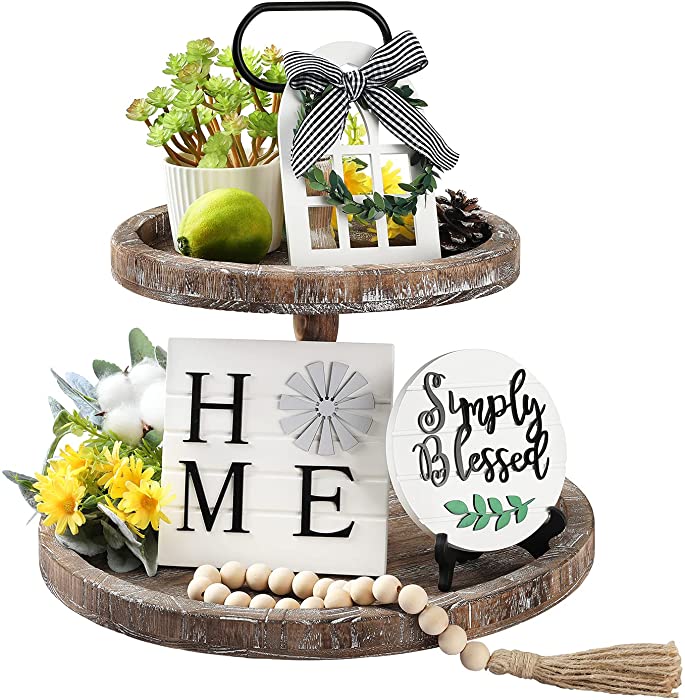 LIBWYS 4 Pcs Farmhouse Decors for Tiered Tray Farmhouse Home Decor Tiered Tray Decor Items Mini Signs Simply Blessed Home Windmill Wooden Beads Garland Rustic Kitchen Decor