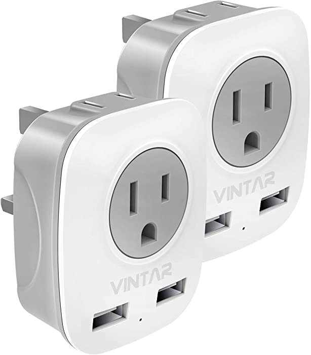 [2-Pack] UK Ireland Travel Plug Adapter, VINTAR International Power Adaptor with 2 USB, 4 in 1 Outlet Adaptor for USA to British England Scotland Irish London Hong Kong (Type G)