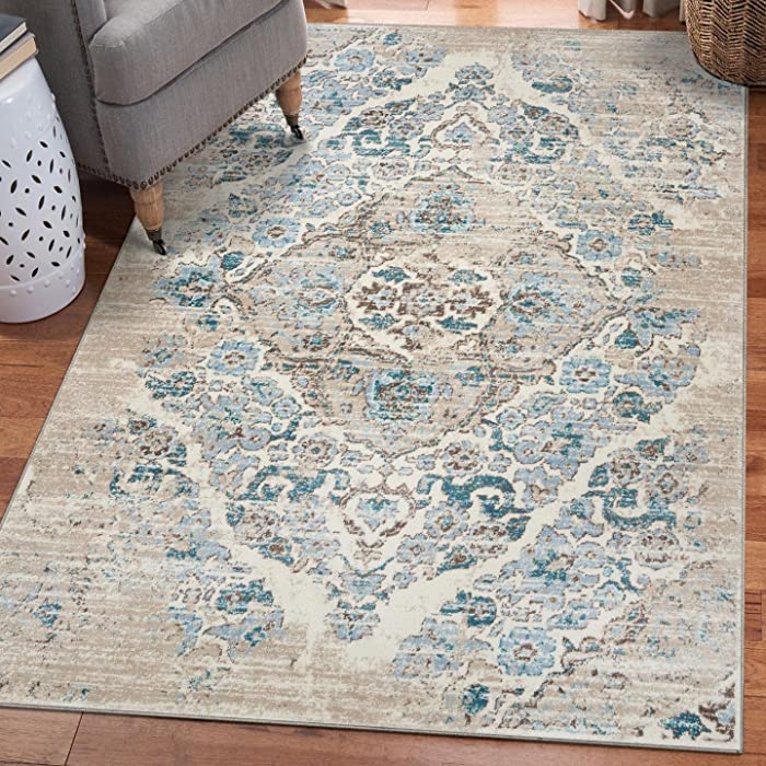 Luxe Weavers Distressed Cream 4x5 Area Rug, Modern, Stain Resistant Carpet, Indoor Oriental Rug