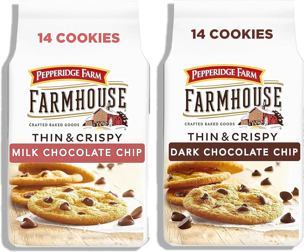 Pepperidge Farm Farmhouse Thin & Crispy Milk and Dark Chocolate Chip Cookies, 6.9 Oz Bag (1 Bag Each SimplyComplete Bundle) Back to School Snack, Backpack Lunch, Gift Ideas For Friends Family