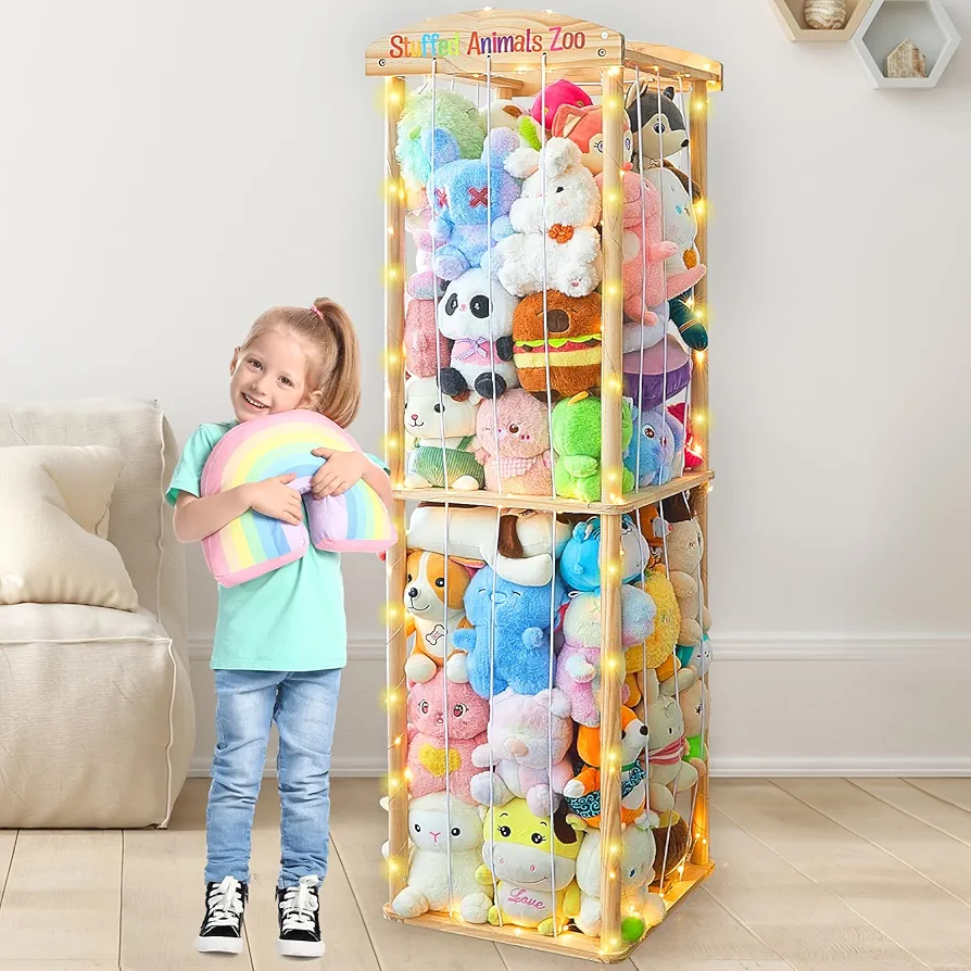 Basumee Stuffed Animals Zoo Storage with LED Light, Large Wood Kids Toy Storage Organizer Holder for Stuffed Animals Girls Boys Nursery Room Bedrooms stuff animals organizer