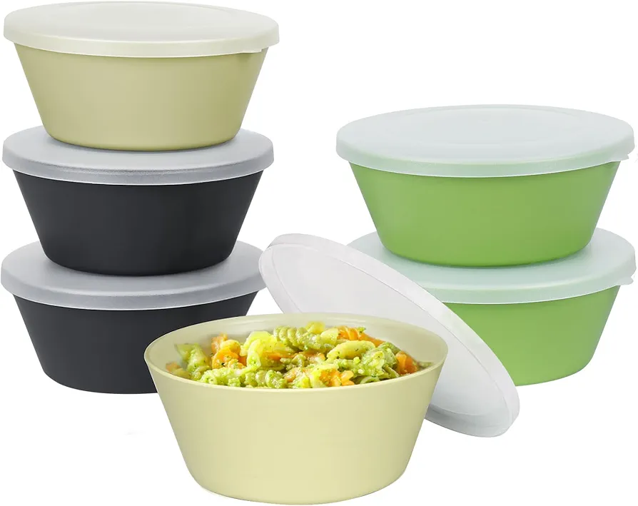 shopwithgreen Plastic Cereal Bowls with Dust-Proof Lid, Resuable Bowls for Kitchen, Set of 6, Microwave and Dishwasher Safe, for Soup, Oatmeal, Ramen, RV, Camping, Kids, College Dorm Room, 24 OZ