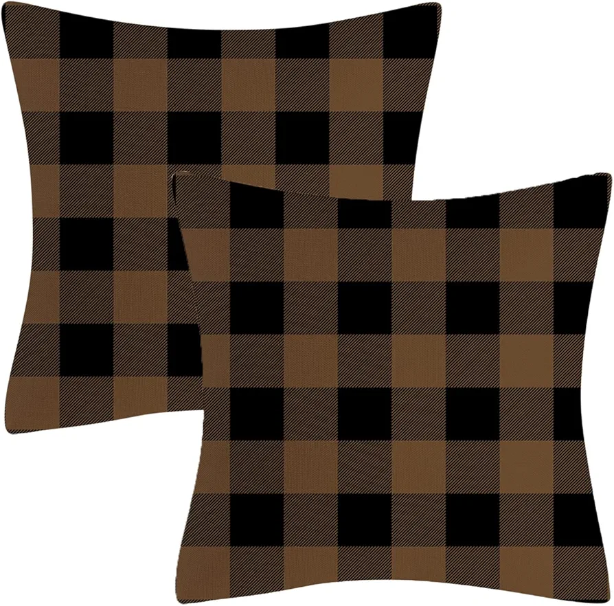 Black and Brown Buffalo Check Plaid Throw Pillows Farmhouse Decorative Throw Pillow Case Indoor Outdoor Cushion Cover Linen Pillowcase for Couch Living Room Bedroom 18 x 18 Inch Set of 2