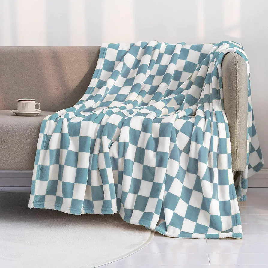 LOMAO Throw Blankets Flannel Blanket with Checkerboard Grid Pattern Soft Throw Blanket for Couch, Bed, Sofa Luxurious Warm and Cozy for All Seasons (Light Blue, 50"x60")