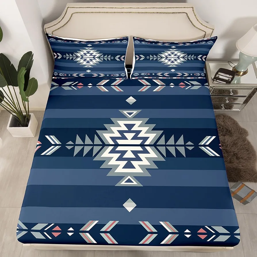 Queen Size Southwest Native Design Bed Sheet Set Boys Girls Southwestern Geometric Fitted Sheet for Kids Ultra Soft Tribal Bedding Set Blue Bed Cover Room Decor